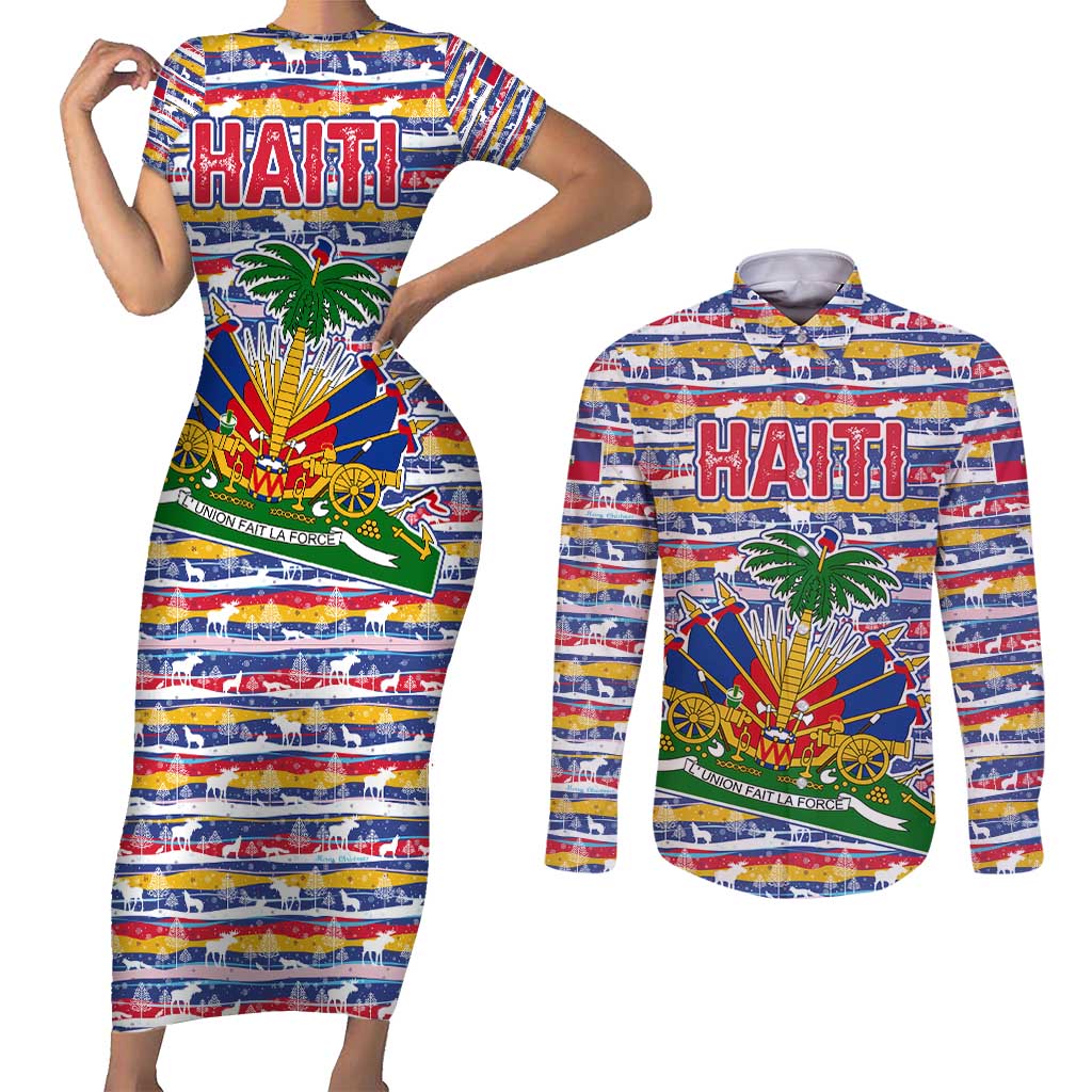 Haiti Christmas Couples Matching Short Sleeve Bodycon Dress and Long Sleeve Button Shirt with Blue Red Yellow Xmas Santa Sleigh and Coat of Arms - Wonder Print Shop
