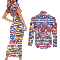 Haiti Christmas Couples Matching Short Sleeve Bodycon Dress and Long Sleeve Button Shirt with Blue Red Yellow Xmas Santa Sleigh and Coat of Arms - Wonder Print Shop