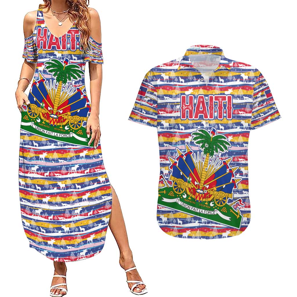 Haiti Christmas Couples Matching Summer Maxi Dress and Hawaiian Shirt with Blue Red Yellow Xmas Santa Sleigh and Coat of Arms - Wonder Print Shop