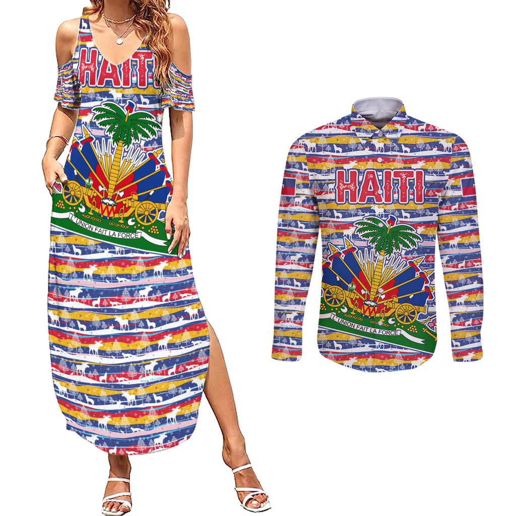 Haiti Christmas Couples Matching Summer Maxi Dress and Long Sleeve Button Shirt with Blue Red Yellow Xmas Santa Sleigh and Coat of Arms - Wonder Print Shop