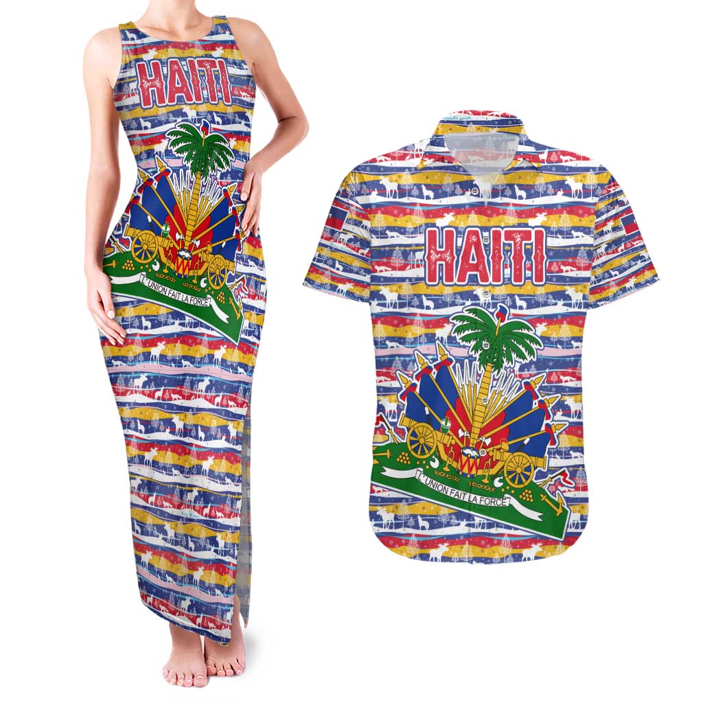 Haiti Christmas Couples Matching Tank Maxi Dress and Hawaiian Shirt with Blue Red Yellow Xmas Santa Sleigh and Coat of Arms - Wonder Print Shop