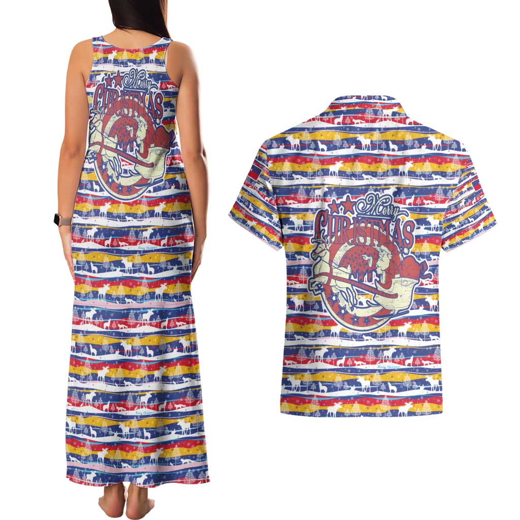 Haiti Christmas Couples Matching Tank Maxi Dress and Hawaiian Shirt with Blue Red Yellow Xmas Santa Sleigh and Coat of Arms - Wonder Print Shop