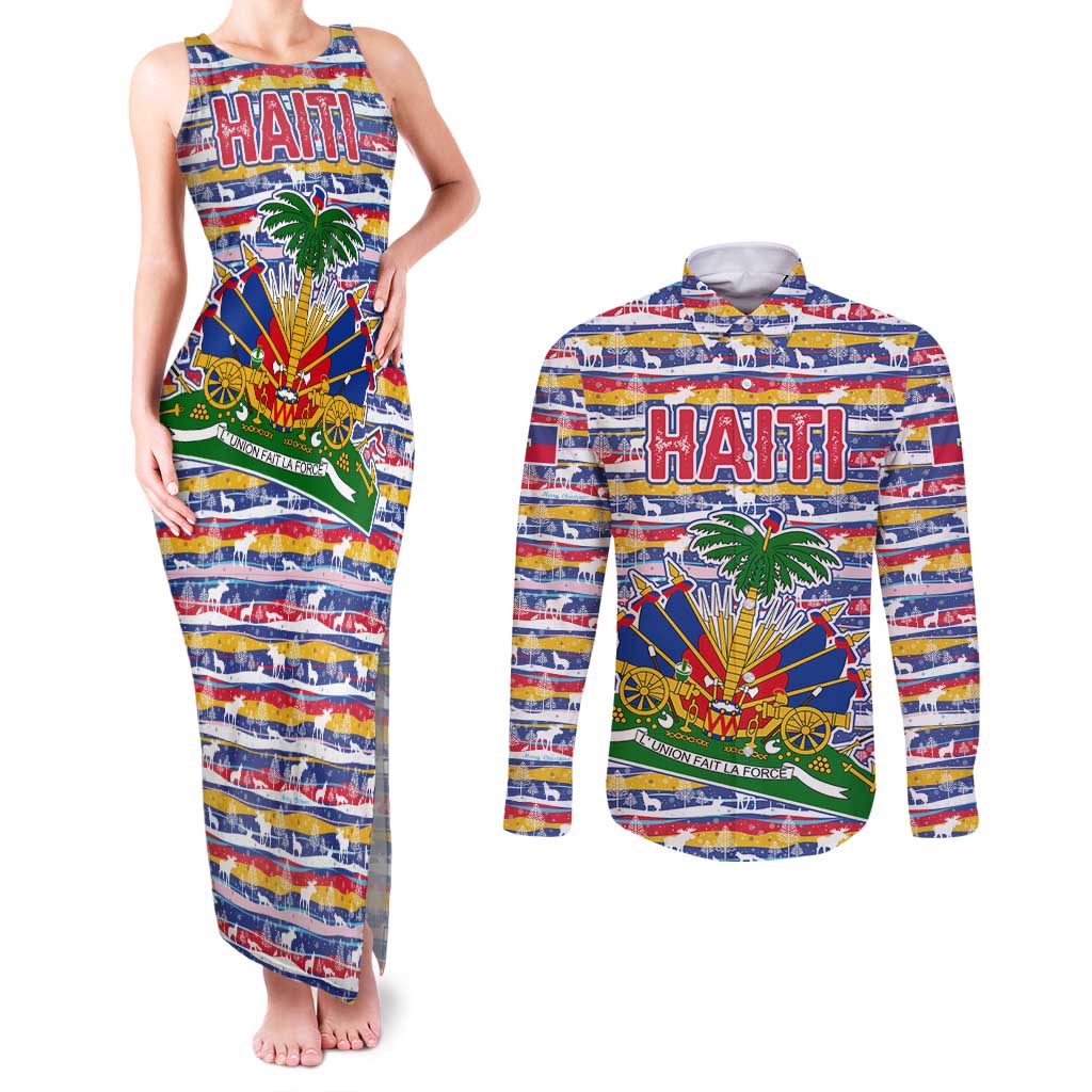 Haiti Christmas Couples Matching Tank Maxi Dress and Long Sleeve Button Shirt with Blue Red Yellow Xmas Santa Sleigh and Coat of Arms - Wonder Print Shop