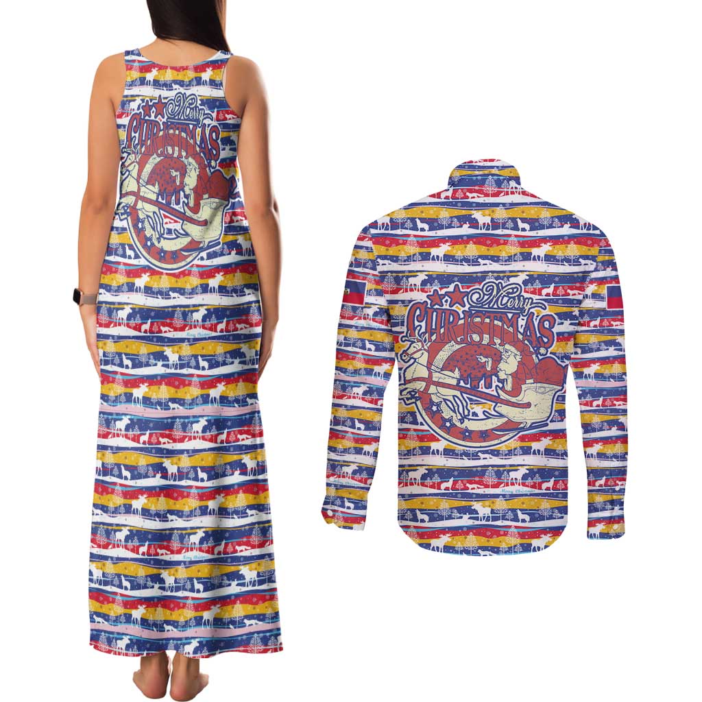 Haiti Christmas Couples Matching Tank Maxi Dress and Long Sleeve Button Shirt with Blue Red Yellow Xmas Santa Sleigh and Coat of Arms - Wonder Print Shop