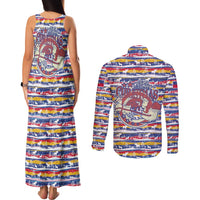 Haiti Christmas Couples Matching Tank Maxi Dress and Long Sleeve Button Shirt with Blue Red Yellow Xmas Santa Sleigh and Coat of Arms - Wonder Print Shop