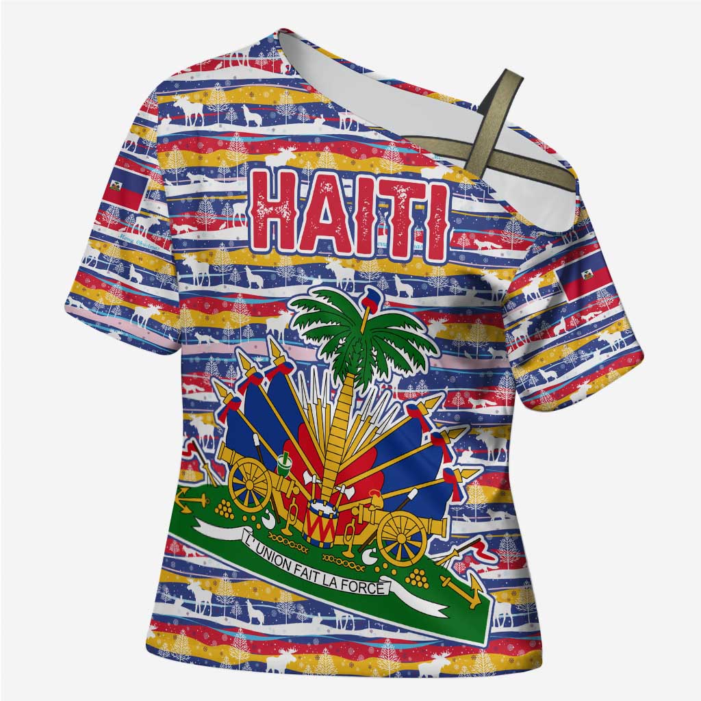 Haiti Christmas Cross Shoulder Shirt with Blue Red Yellow Xmas Santa Sleigh and Coat of Arms - Wonder Print Shop