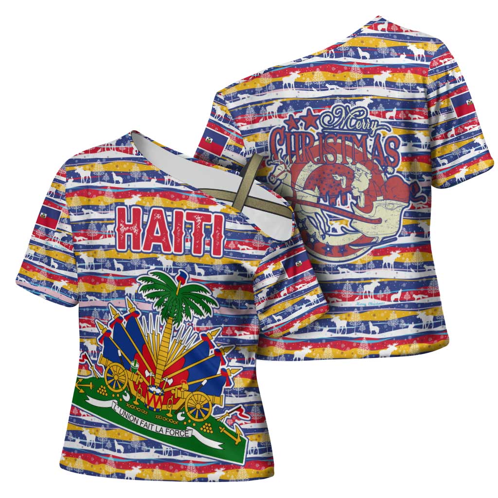 Haiti Christmas Cross Shoulder Shirt with Blue Red Yellow Xmas Santa Sleigh and Coat of Arms - Wonder Print Shop