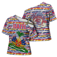 Haiti Christmas Cross Shoulder Shirt with Blue Red Yellow Xmas Santa Sleigh and Coat of Arms - Wonder Print Shop