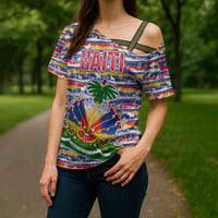 Haiti Christmas Cross Shoulder Shirt with Blue Red Yellow Xmas Santa Sleigh and Coat of Arms - Wonder Print Shop