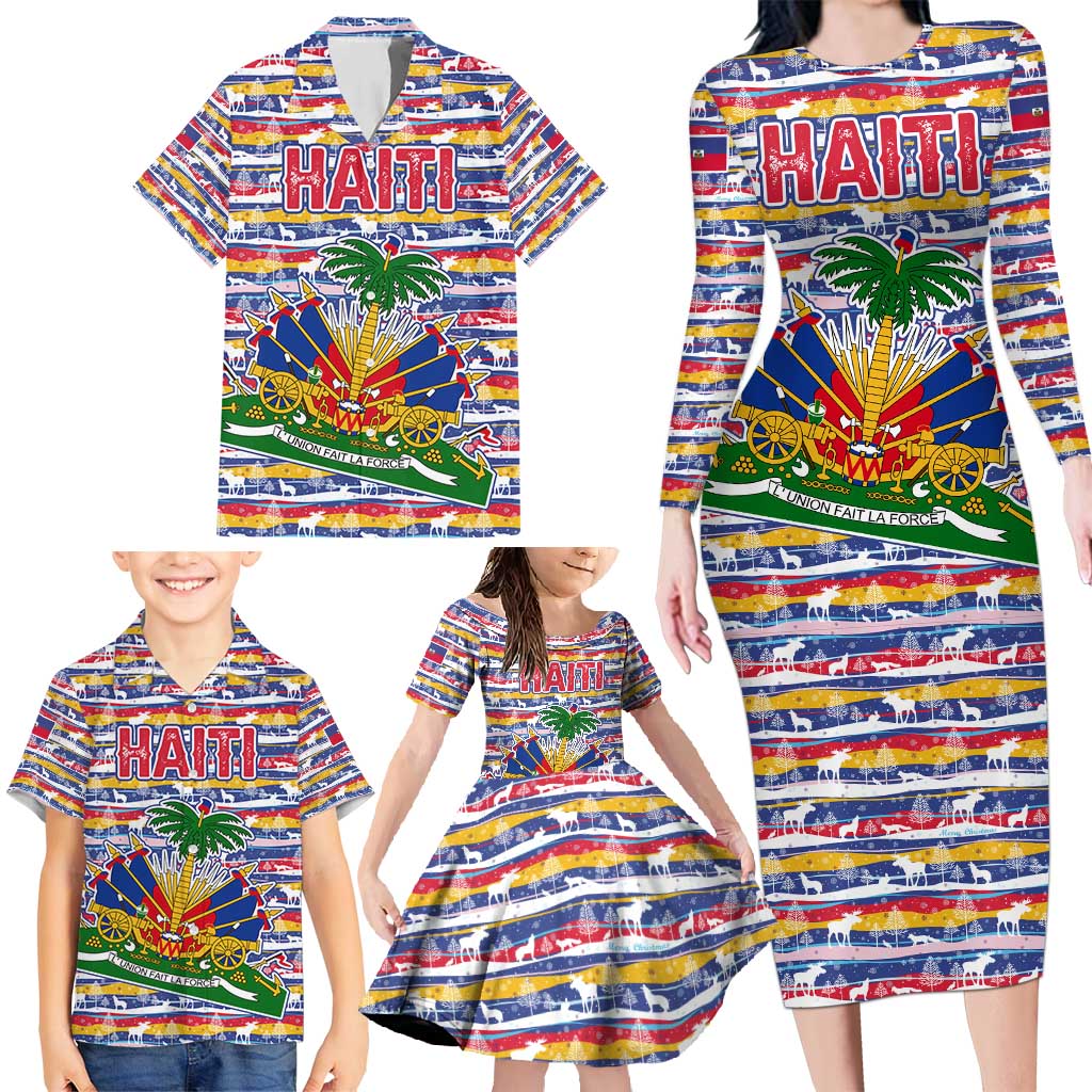 Haiti Christmas Family Matching Long Sleeve Bodycon Dress and Hawaiian Shirt with Blue Red Yellow Xmas Santa Sleigh and Coat of Arms - Wonder Print Shop