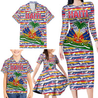 Haiti Christmas Family Matching Long Sleeve Bodycon Dress and Hawaiian Shirt with Blue Red Yellow Xmas Santa Sleigh and Coat of Arms - Wonder Print Shop