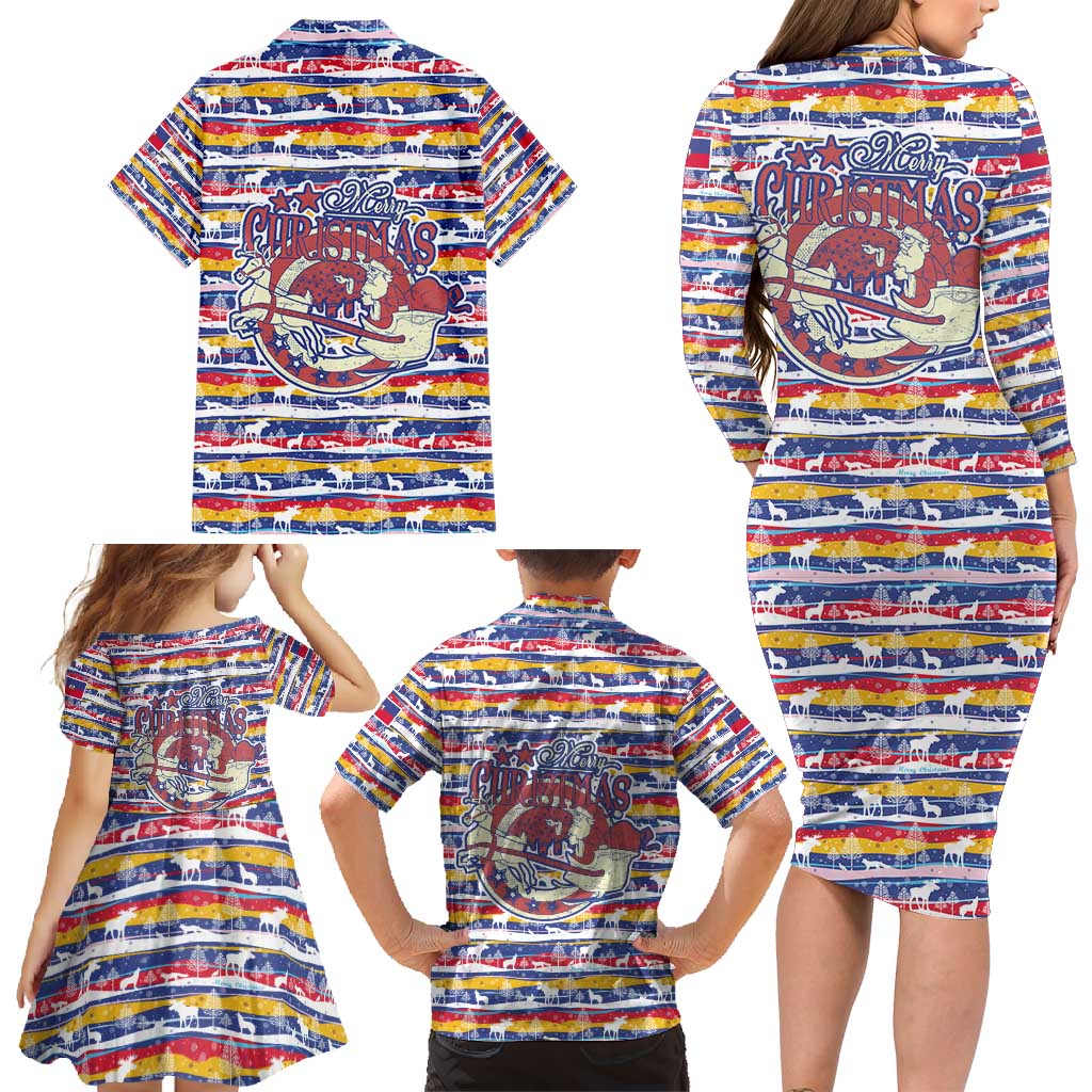 Haiti Christmas Family Matching Long Sleeve Bodycon Dress and Hawaiian Shirt with Blue Red Yellow Xmas Santa Sleigh and Coat of Arms - Wonder Print Shop