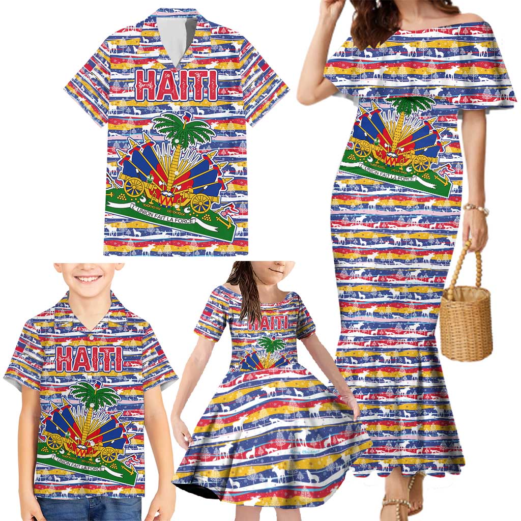 Haiti Christmas Family Matching Mermaid Dress and Hawaiian Shirt with Blue Red Yellow Xmas Santa Sleigh and Coat of Arms - Wonder Print Shop