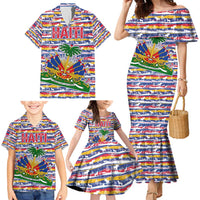 Haiti Christmas Family Matching Mermaid Dress and Hawaiian Shirt with Blue Red Yellow Xmas Santa Sleigh and Coat of Arms - Wonder Print Shop