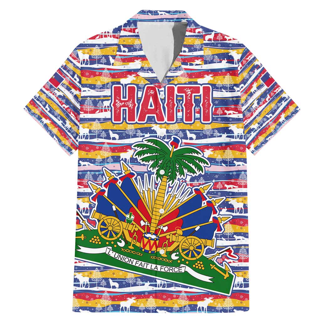Haiti Christmas Family Matching Mermaid Dress and Hawaiian Shirt with Blue Red Yellow Xmas Santa Sleigh and Coat of Arms - Wonder Print Shop