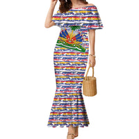 Haiti Christmas Family Matching Mermaid Dress and Hawaiian Shirt with Blue Red Yellow Xmas Santa Sleigh and Coat of Arms - Wonder Print Shop