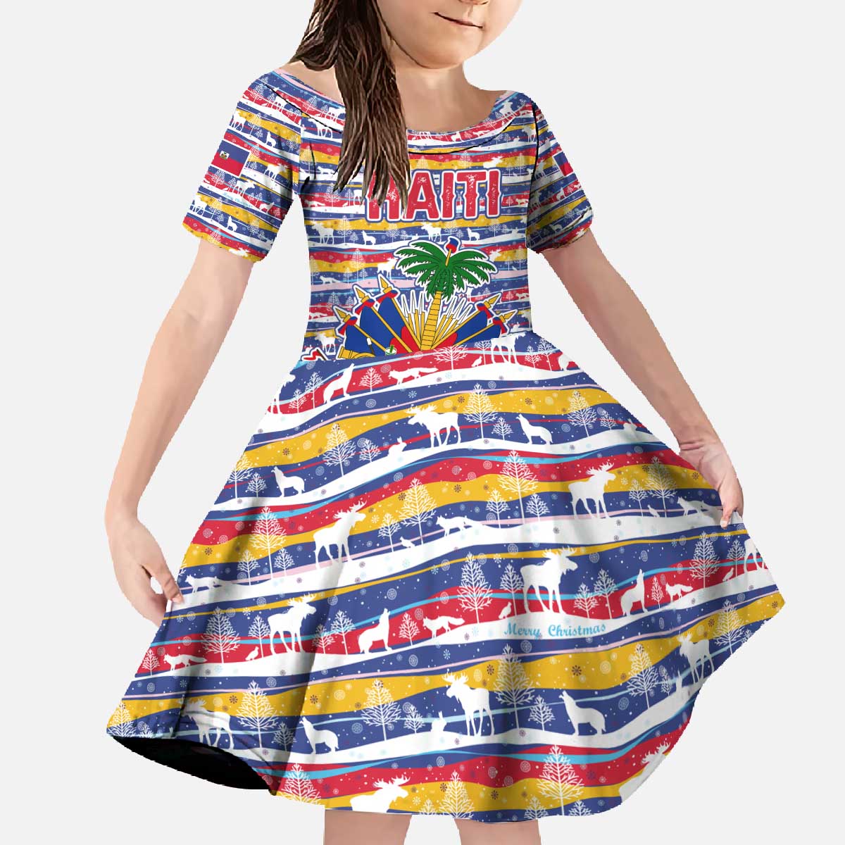 Haiti Christmas Family Matching Off The Shoulder Long Sleeve Dress and Hawaiian Shirt with Blue Red Yellow Xmas Santa Sleigh and Coat of Arms - Wonder Print Shop