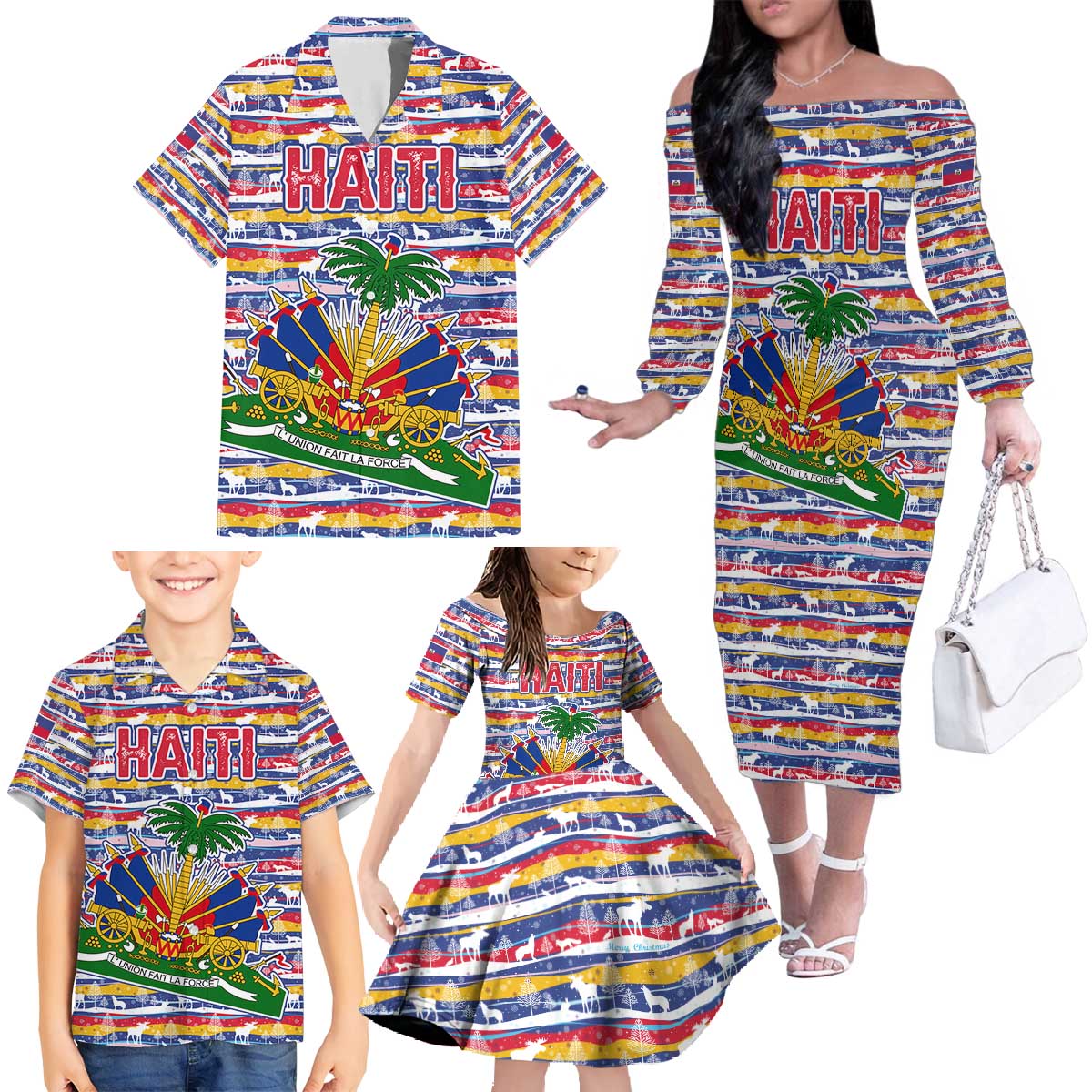 Haiti Christmas Family Matching Off The Shoulder Long Sleeve Dress and Hawaiian Shirt with Blue Red Yellow Xmas Santa Sleigh and Coat of Arms - Wonder Print Shop