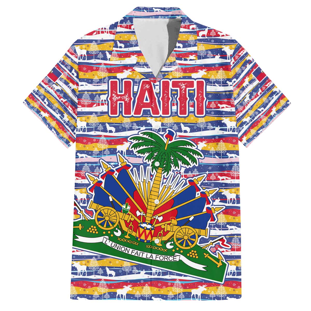 Haiti Christmas Family Matching Off The Shoulder Long Sleeve Dress and Hawaiian Shirt with Blue Red Yellow Xmas Santa Sleigh and Coat of Arms - Wonder Print Shop
