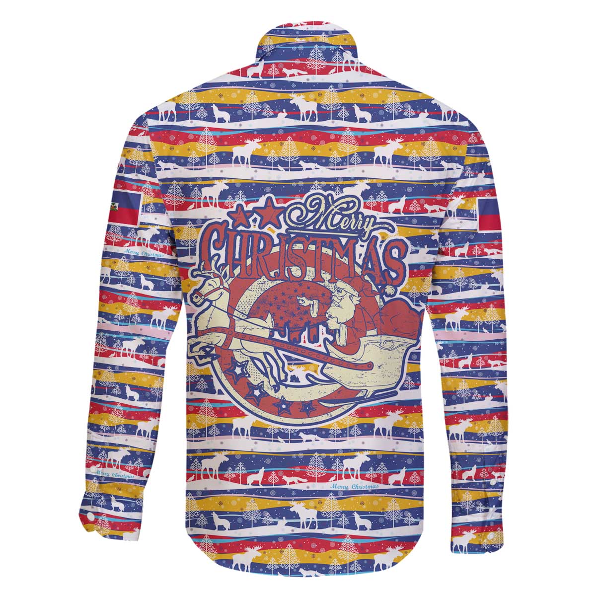 Haiti Christmas Family Matching Off The Shoulder Long Sleeve Dress and Hawaiian Shirt with Blue Red Yellow Xmas Santa Sleigh and Coat of Arms - Wonder Print Shop