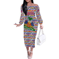 Haiti Christmas Family Matching Off The Shoulder Long Sleeve Dress and Hawaiian Shirt with Blue Red Yellow Xmas Santa Sleigh and Coat of Arms - Wonder Print Shop