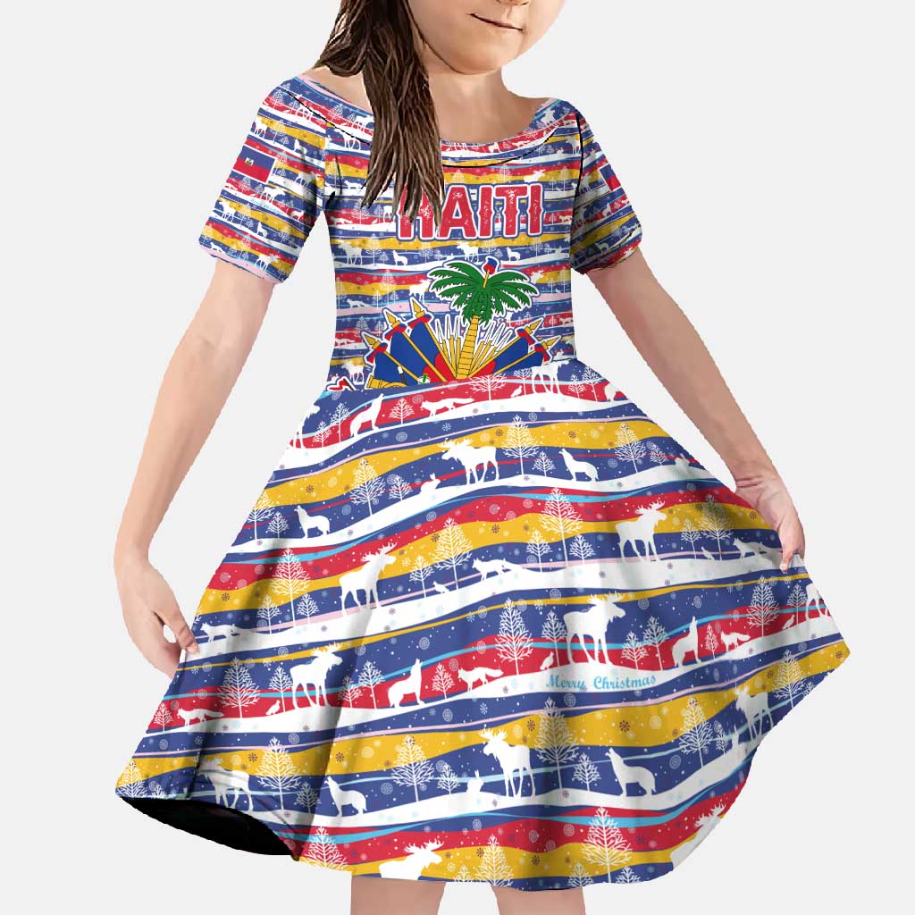 Haiti Christmas Family Matching Off Shoulder Maxi Dress and Hawaiian Shirt with Blue Red Yellow Xmas Santa Sleigh and Coat of Arms - Wonder Print Shop