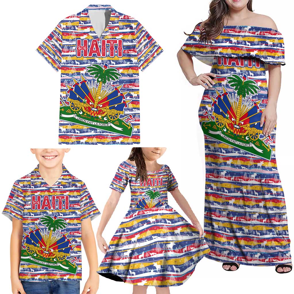 Haiti Christmas Family Matching Off Shoulder Maxi Dress and Hawaiian Shirt with Blue Red Yellow Xmas Santa Sleigh and Coat of Arms - Wonder Print Shop