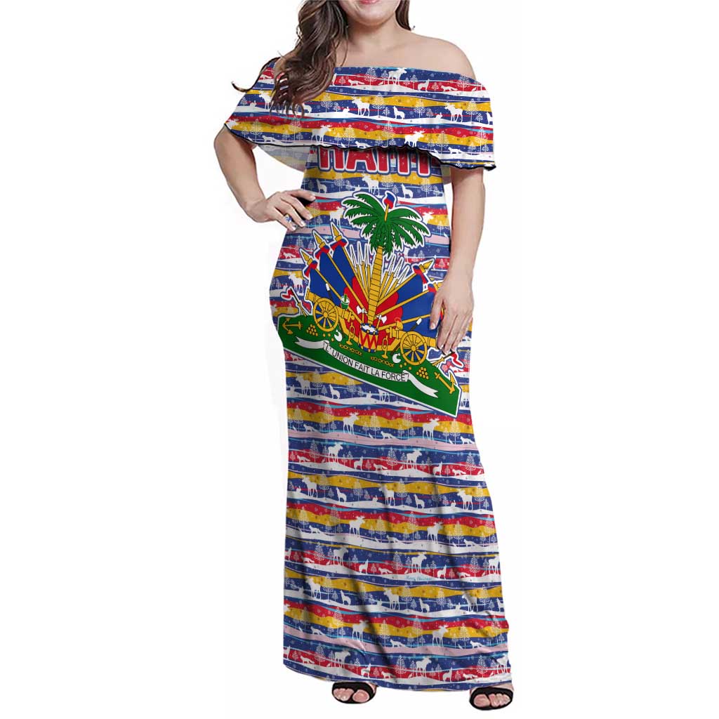 Haiti Christmas Family Matching Off Shoulder Maxi Dress and Hawaiian Shirt with Blue Red Yellow Xmas Santa Sleigh and Coat of Arms - Wonder Print Shop
