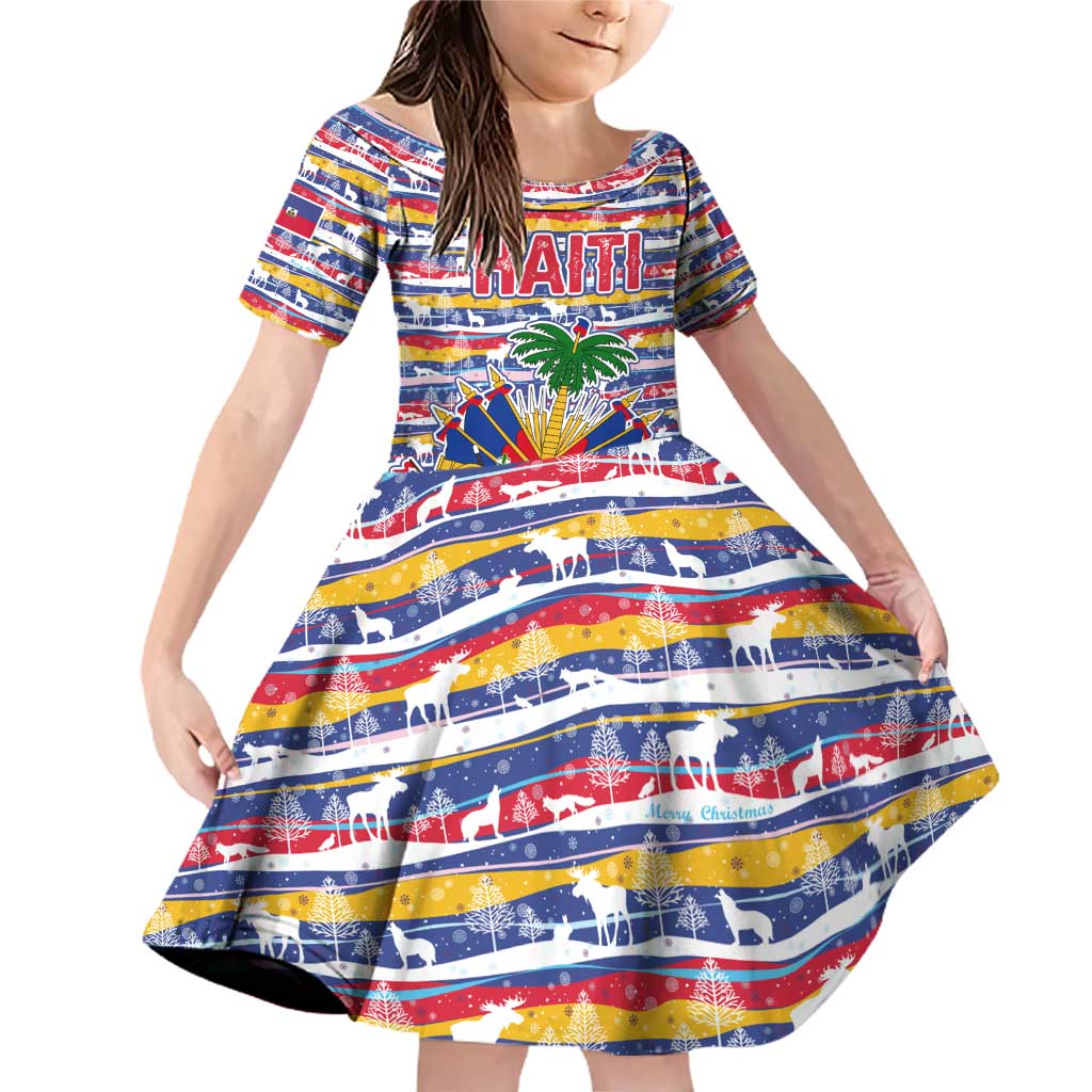 Haiti Christmas Family Matching Off Shoulder Short Dress and Hawaiian Shirt with Blue Red Yellow Xmas Santa Sleigh and Coat of Arms - Wonder Print Shop