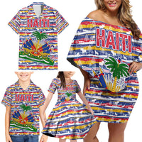 Haiti Christmas Family Matching Off Shoulder Short Dress and Hawaiian Shirt with Blue Red Yellow Xmas Santa Sleigh and Coat of Arms - Wonder Print Shop