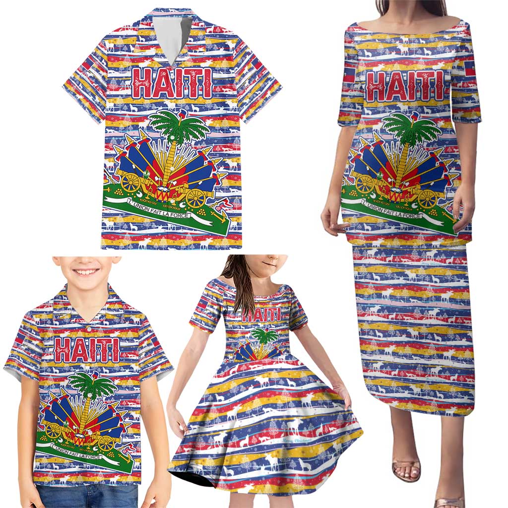 Haiti Christmas Family Matching Puletasi and Hawaiian Shirt with Blue Red Yellow Xmas Santa Sleigh and Coat of Arms - Wonder Print Shop