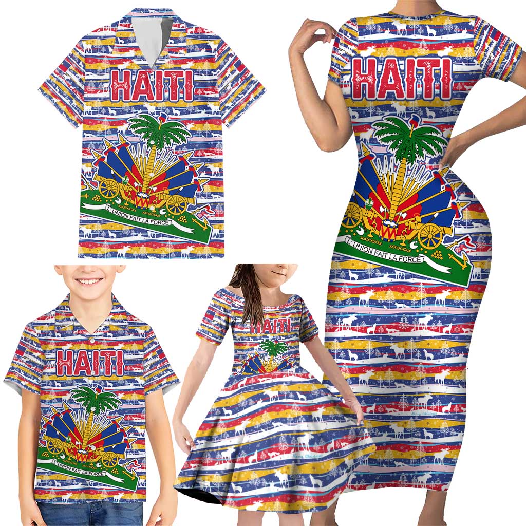Haiti Christmas Family Matching Short Sleeve Bodycon Dress and Hawaiian Shirt with Blue Red Yellow Xmas Santa Sleigh and Coat of Arms - Wonder Print Shop