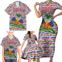 Haiti Christmas Family Matching Short Sleeve Bodycon Dress and Hawaiian Shirt with Blue Red Yellow Xmas Santa Sleigh and Coat of Arms - Wonder Print Shop