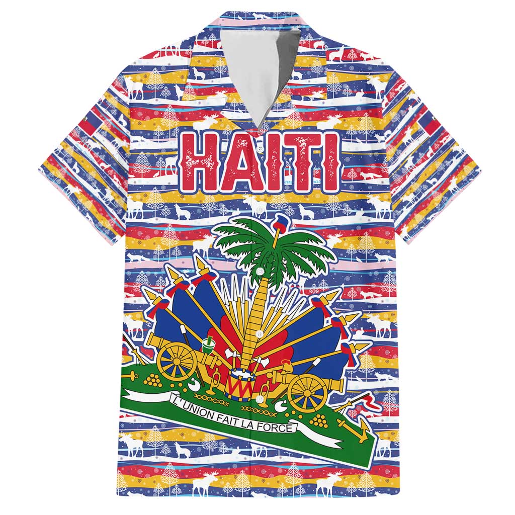 Haiti Christmas Family Matching Short Sleeve Bodycon Dress and Hawaiian Shirt with Blue Red Yellow Xmas Santa Sleigh and Coat of Arms - Wonder Print Shop