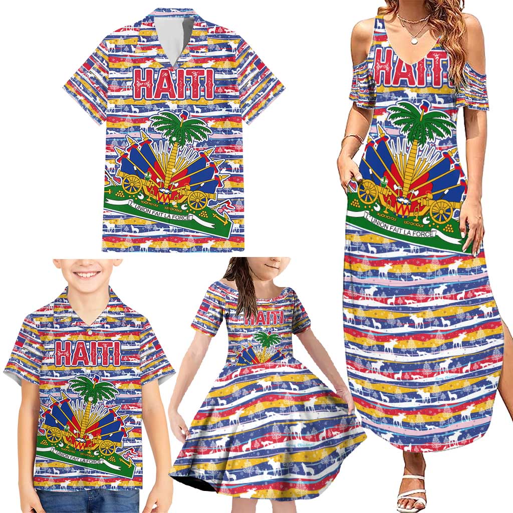 Haiti Christmas Family Matching Summer Maxi Dress and Hawaiian Shirt with Blue Red Yellow Xmas Santa Sleigh and Coat of Arms - Wonder Print Shop