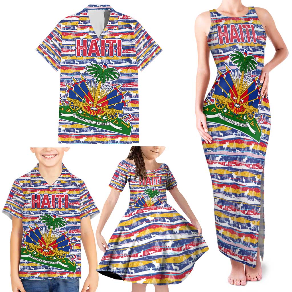 Haiti Christmas Family Matching Tank Maxi Dress and Hawaiian Shirt with Blue Red Yellow Xmas Santa Sleigh and Coat of Arms - Wonder Print Shop