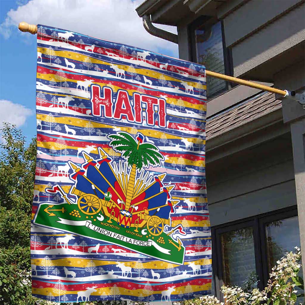 Haiti Christmas Garden Flag with Blue Red Yellow Xmas Santa Sleigh and Coat of Arms - Wonder Print Shop