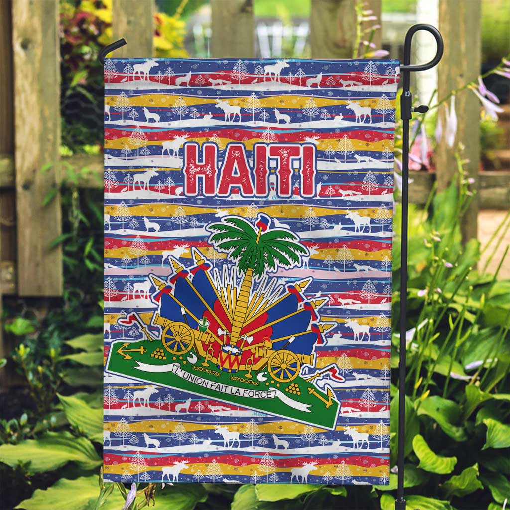 Haiti Christmas Garden Flag with Blue Red Yellow Xmas Santa Sleigh and Coat of Arms - Wonder Print Shop