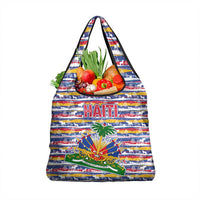 Haiti Christmas Grocery Bag with Blue Red Yellow Xmas Santa Sleigh and Coat of Arms - Wonder Print Shop
