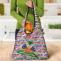 Haiti Christmas Grocery Bag with Blue Red Yellow Xmas Santa Sleigh and Coat of Arms - Wonder Print Shop