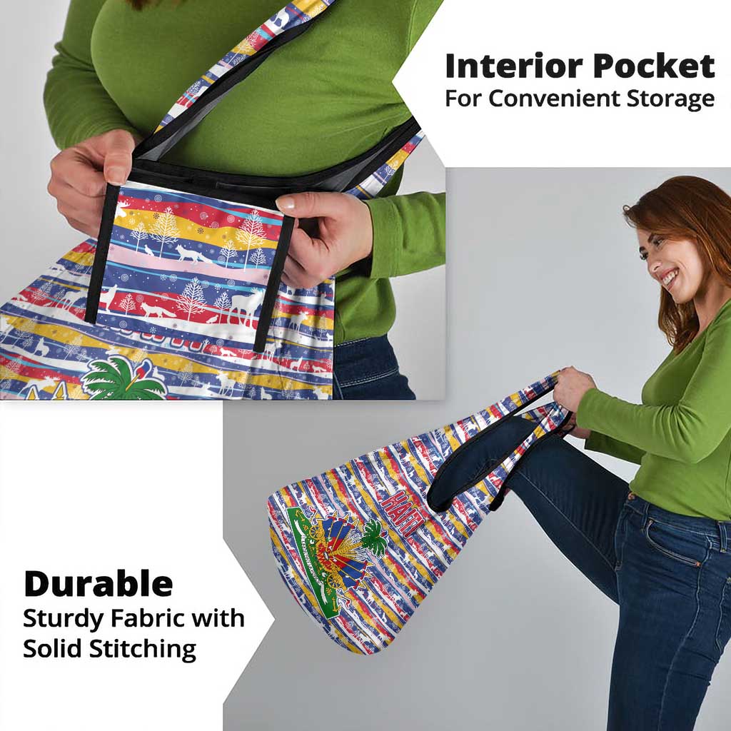 Haiti Christmas Grocery Bag with Blue Red Yellow Xmas Santa Sleigh and Coat of Arms - Wonder Print Shop