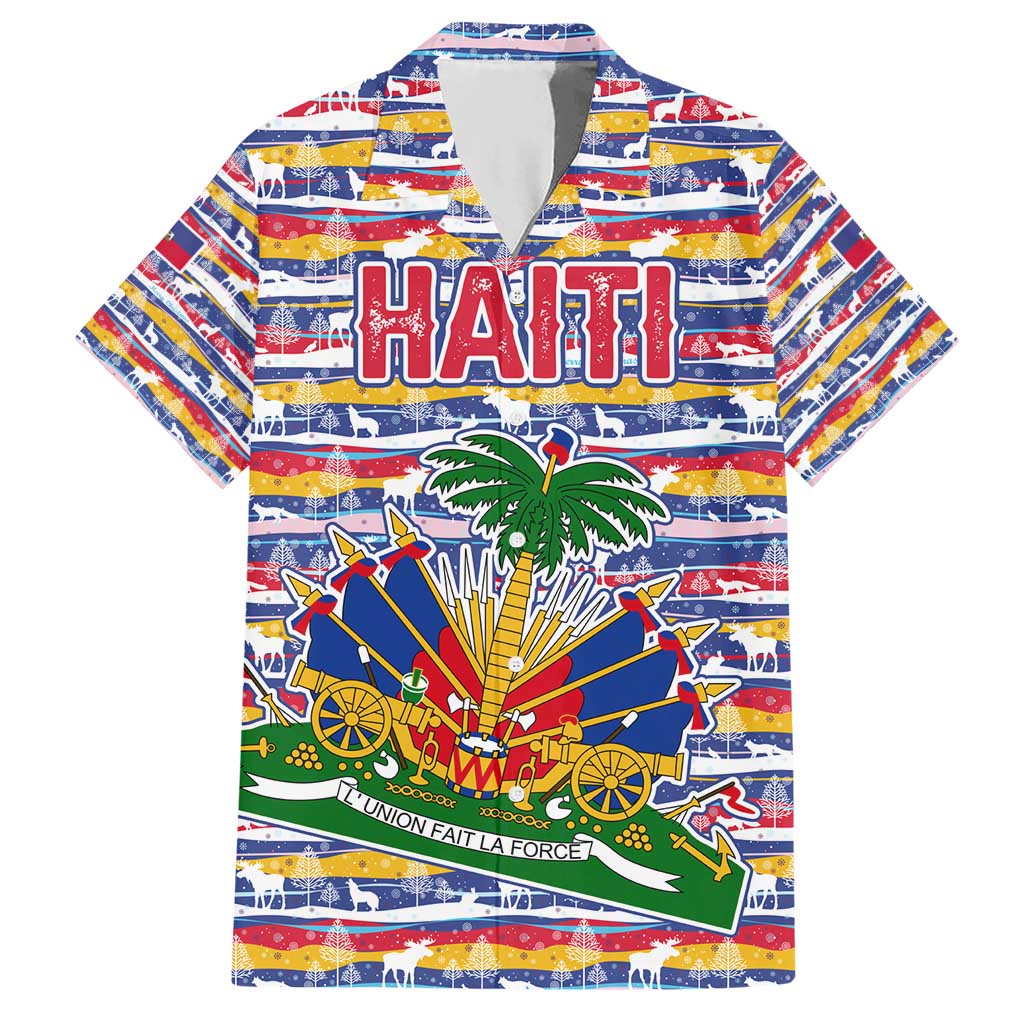 Haiti Christmas Hawaiian Shirt with Blue Red Yellow Xmas Santa Sleigh and Coat of Arms - Wonder Print Shop