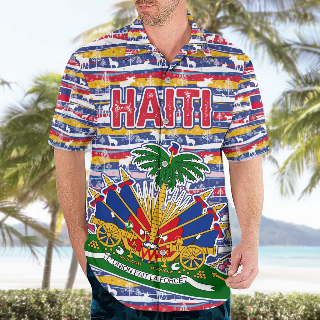 Haiti Christmas Hawaiian Shirt with Blue Red Yellow Xmas Santa Sleigh and Coat of Arms - Wonder Print Shop