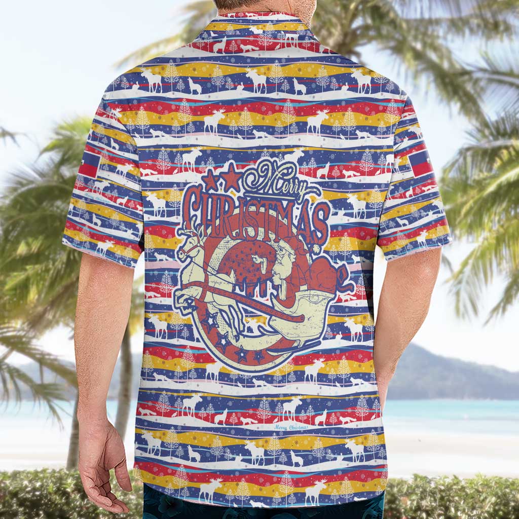 Haiti Christmas Hawaiian Shirt with Blue Red Yellow Xmas Santa Sleigh and Coat of Arms - Wonder Print Shop
