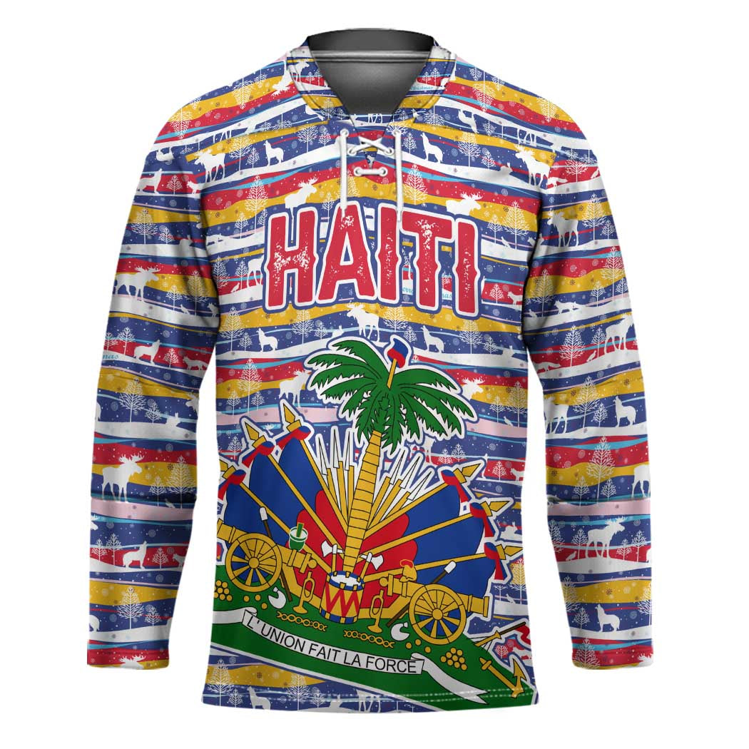 Haiti Christmas Hockey Jersey with Blue Red Yellow Xmas Santa Sleigh and Coat of Arms - Wonder Print Shop