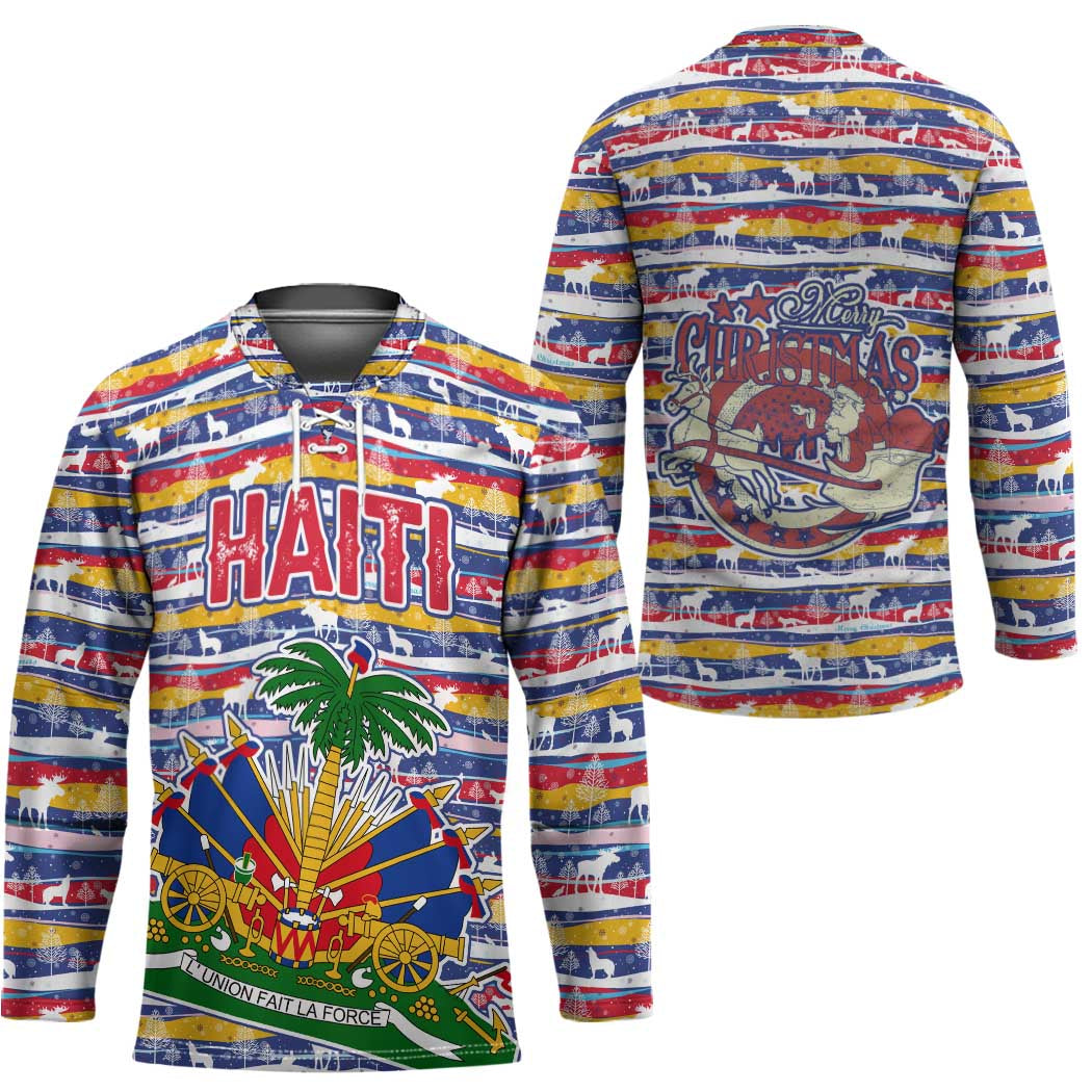 Haiti Christmas Hockey Jersey with Blue Red Yellow Xmas Santa Sleigh and Coat of Arms - Wonder Print Shop