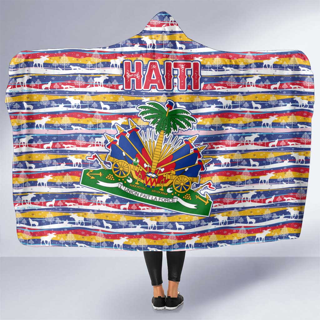 Haiti Christmas Hooded Blanket with Blue Red Yellow Xmas Santa Sleigh and Coat of Arms - Wonder Print Shop