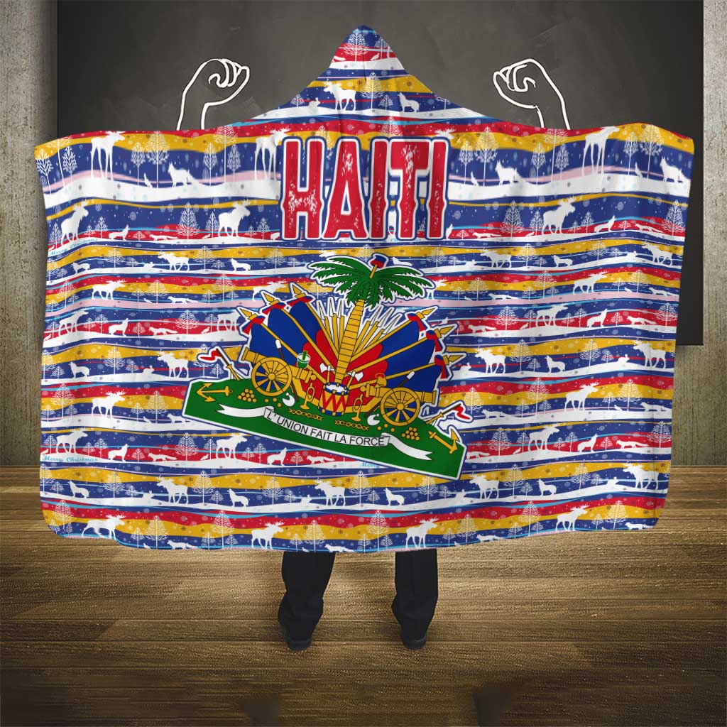 Haiti Christmas Hooded Blanket with Blue Red Yellow Xmas Santa Sleigh and Coat of Arms - Wonder Print Shop