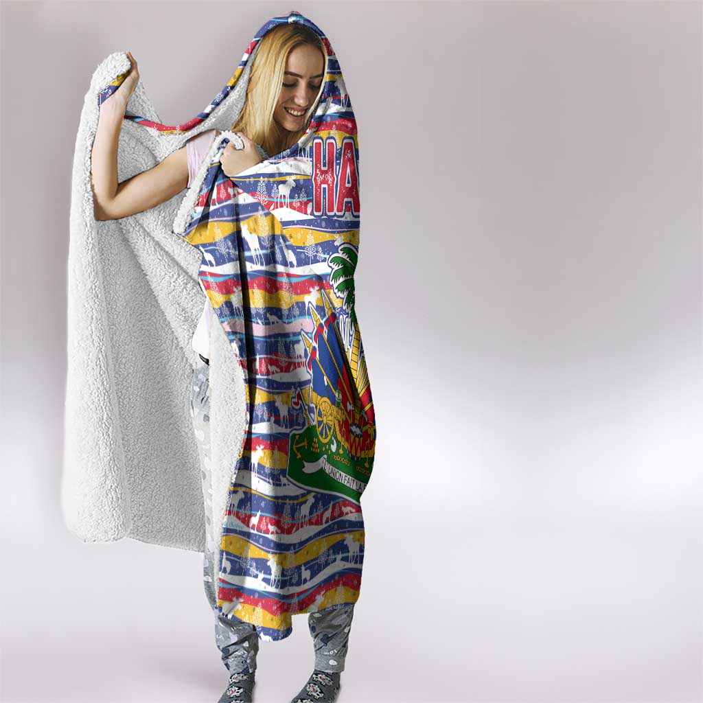 Haiti Christmas Hooded Blanket with Blue Red Yellow Xmas Santa Sleigh and Coat of Arms - Wonder Print Shop