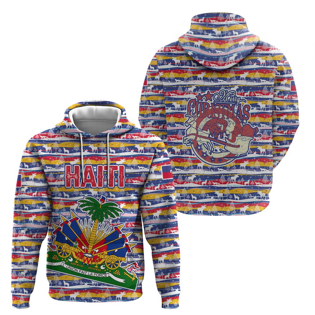 Haiti Christmas Hoodie with Blue Red Yellow Xmas Santa Sleigh and Coat of Arms - Wonder Print Shop